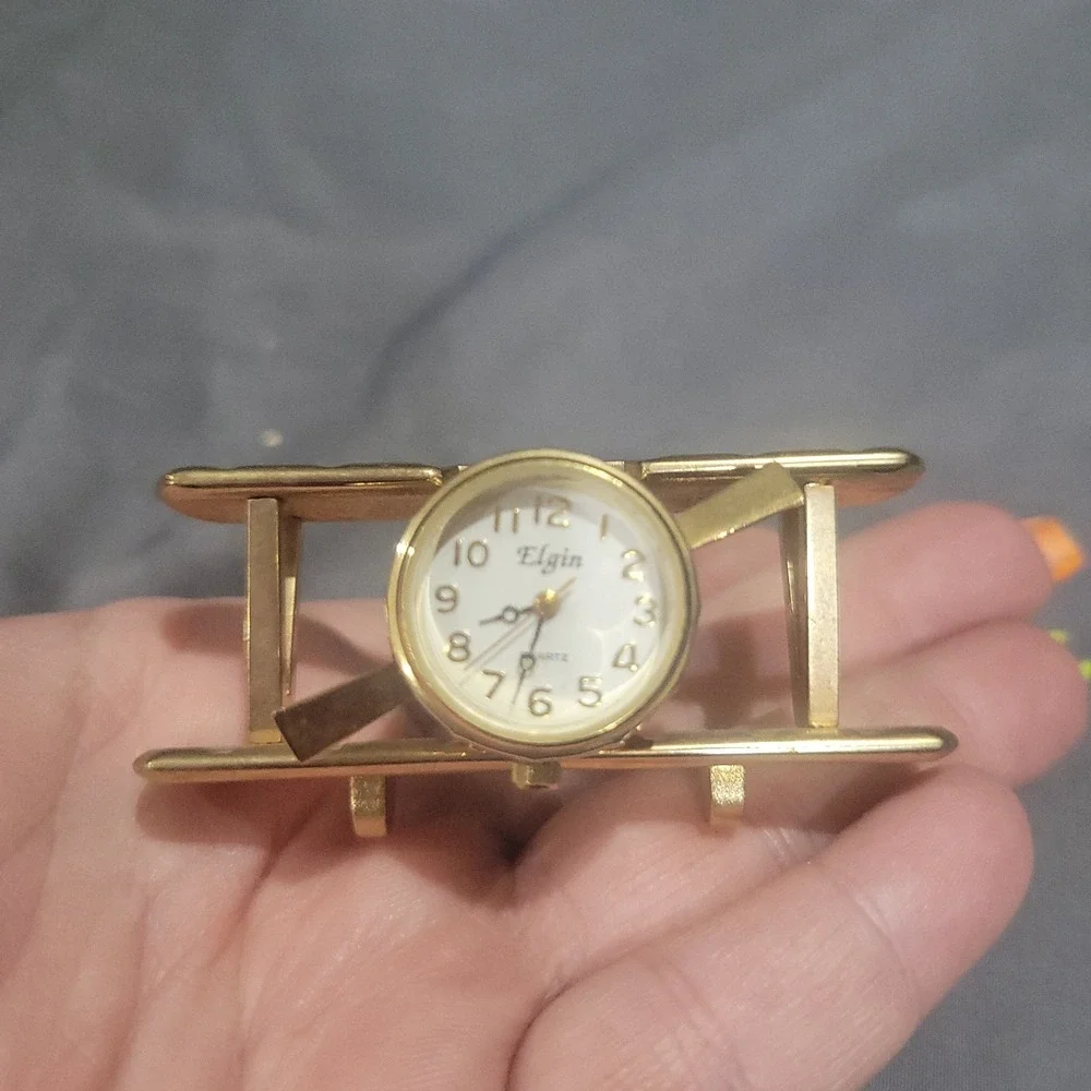 Vintage Elgin Brass Bi-plane Desk Clock Airplane